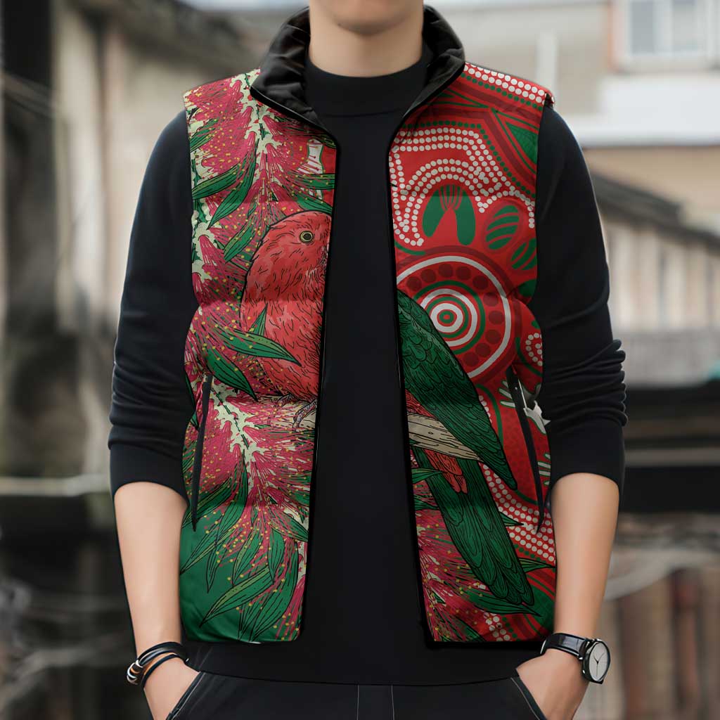 King Parrot Australia Sleeveless Puffer Jacket Bottlebrushes Aboriginal Art - Aussie Hoodie