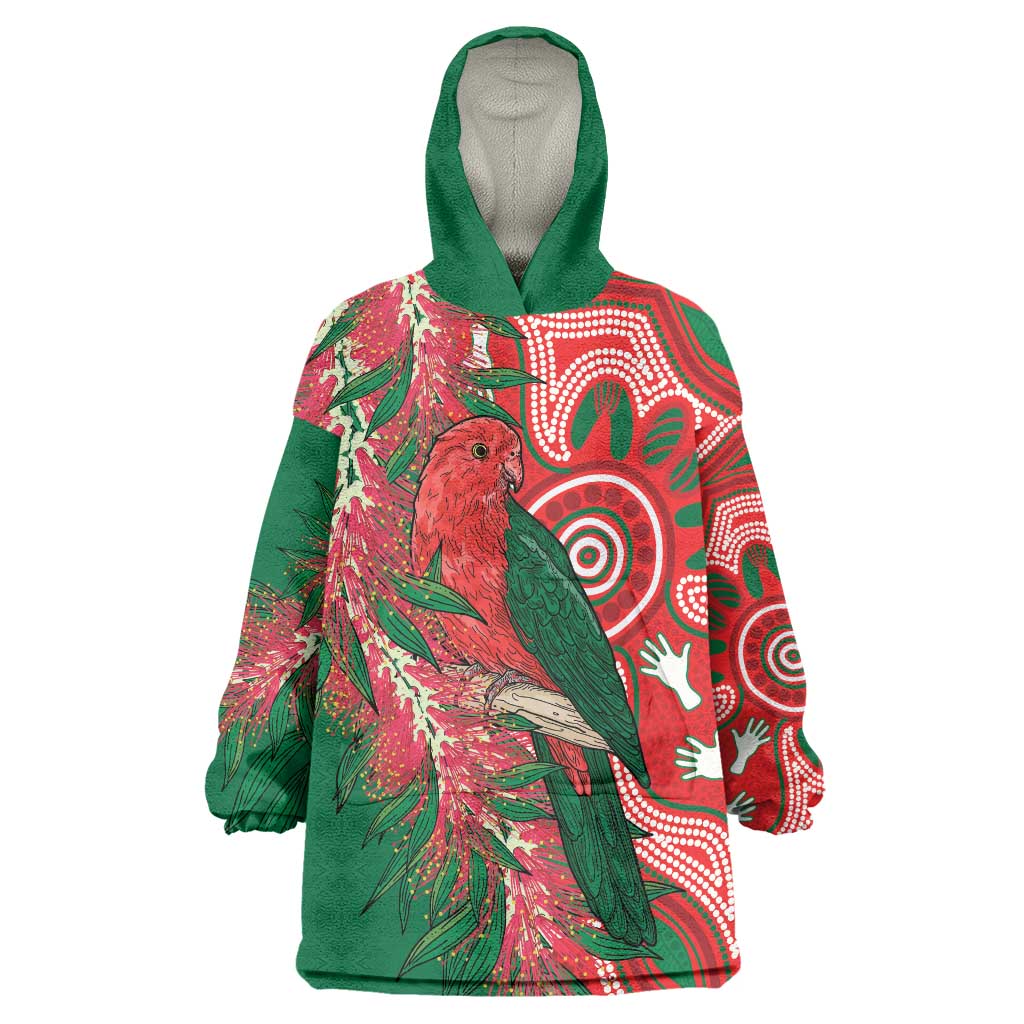 King Parrot Australia Wearable Blanket Hoodie Bottlebrushes Aboriginal Art - Aussie Hoodie