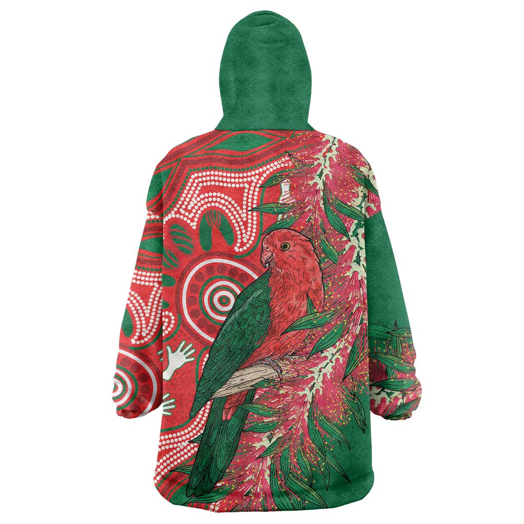 King Parrot Australia Wearable Blanket Hoodie Bottlebrushes Aboriginal Art - Aussie Hoodie