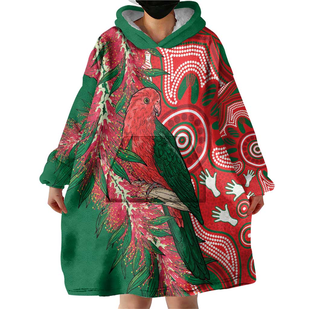 King Parrot Australia Wearable Blanket Hoodie Bottlebrushes Aboriginal Art - Aussie Hoodie