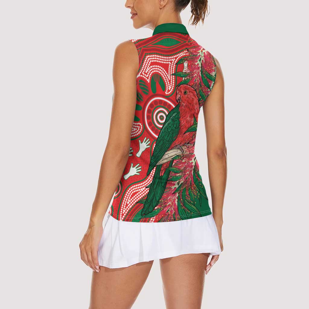 King Parrot Australia Women Sleeveless Polo Shirt Bottlebrushes Aboriginal Art - Aussie Hoodie