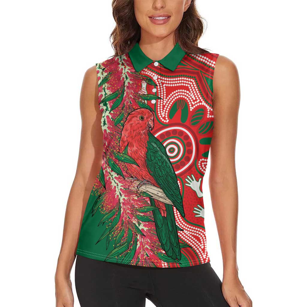King Parrot Australia Women Sleeveless Polo Shirt Bottlebrushes Aboriginal Art - Aussie Hoodie