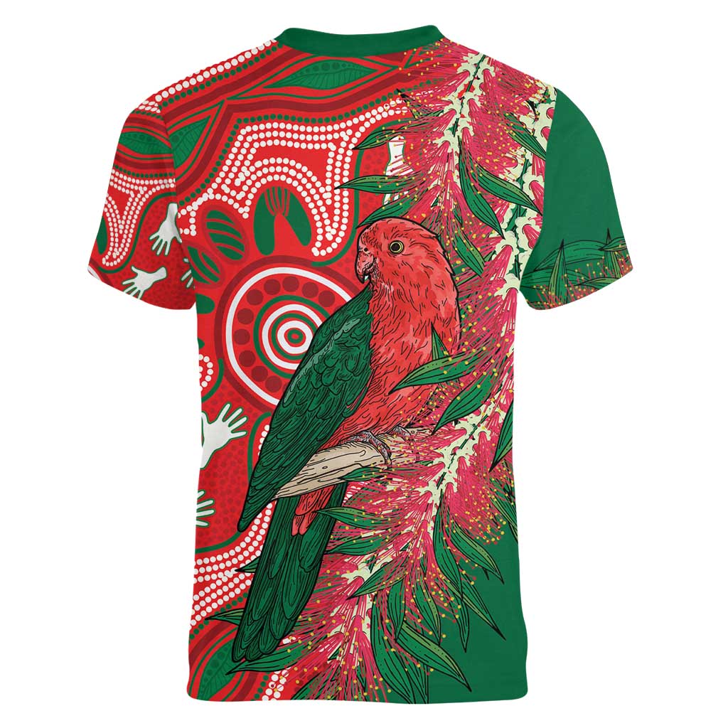King Parrot Australia Women V-Neck T-Shirt Bottlebrushes Aboriginal Art - Aussie Hoodie