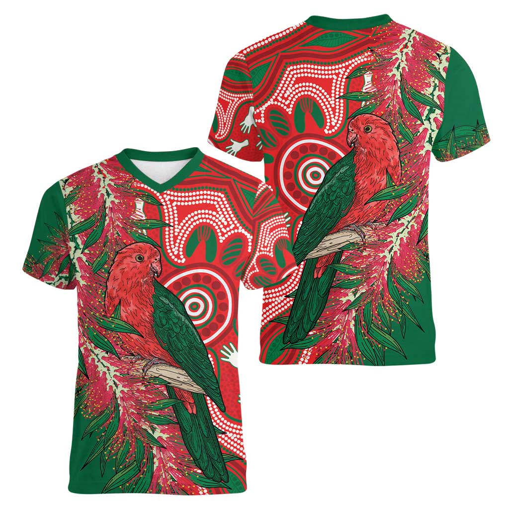 King Parrot Australia Women V-Neck T-Shirt Bottlebrushes Aboriginal Art - Aussie Hoodie