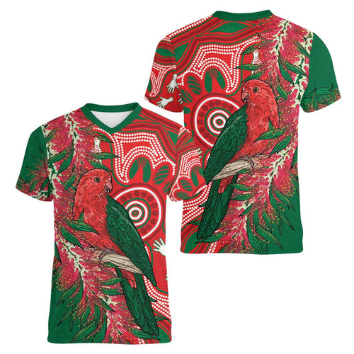 King Parrot Australia Women V-Neck T-Shirt Bottlebrushes Aboriginal Art - Aussie Hoodie
