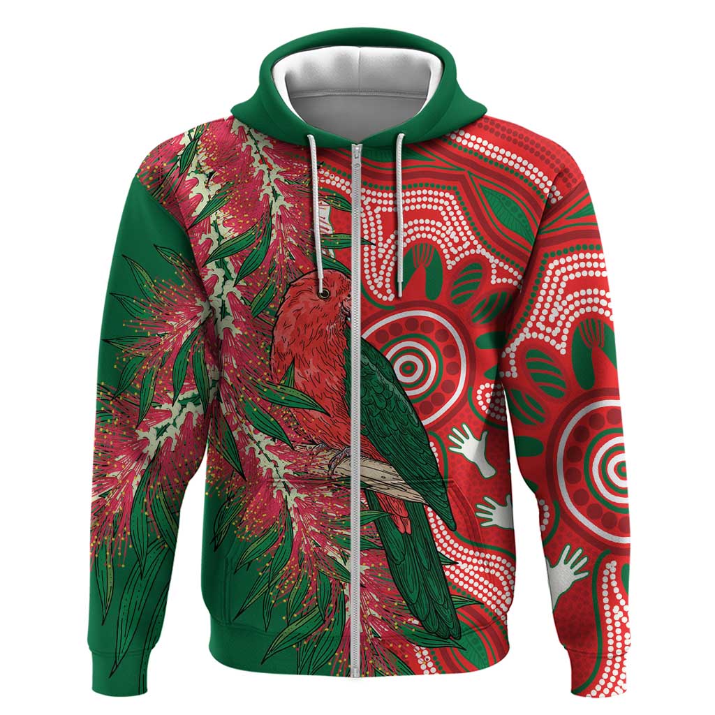 King Parrot Australia Zip Hoodie Bottlebrushes Aboriginal Art - Aussie Hoodie