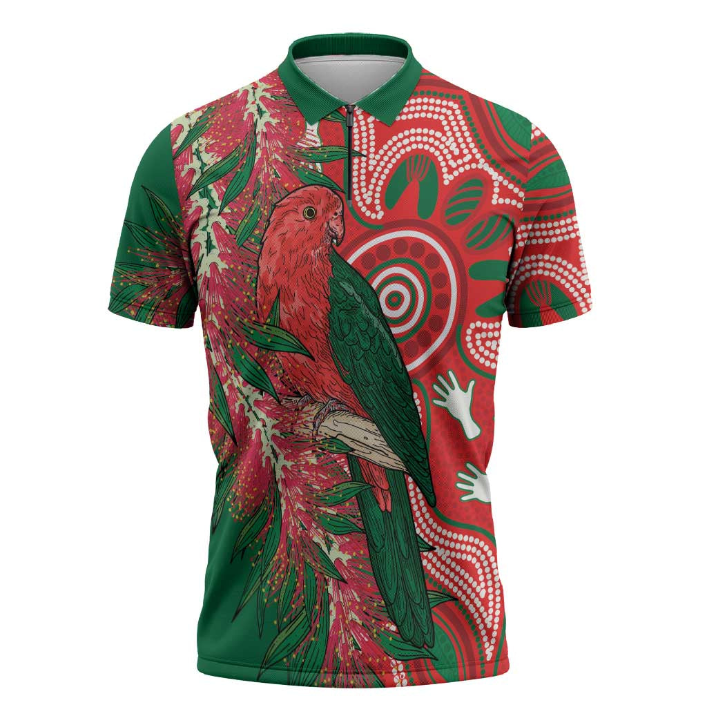 King Parrot Australia Zipper Polo Shirt Bottlebrushes Aboriginal Art - Aussie Hoodie