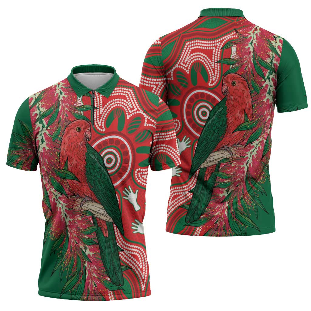 King Parrot Australia Zipper Polo Shirt Bottlebrushes Aboriginal Art - Aussie Hoodie