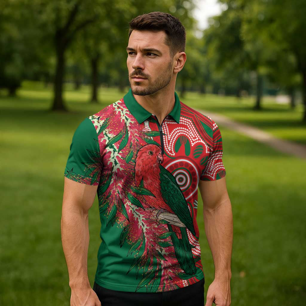 King Parrot Australia Zipper Polo Shirt Bottlebrushes Aboriginal Art - Aussie Hoodie