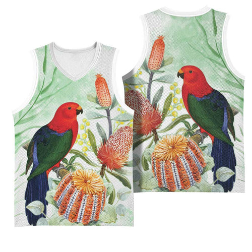 King Parrot Australia Basketball Jersey Alisterus Scapularis Banksia Watercolor - Aussie Hoodie