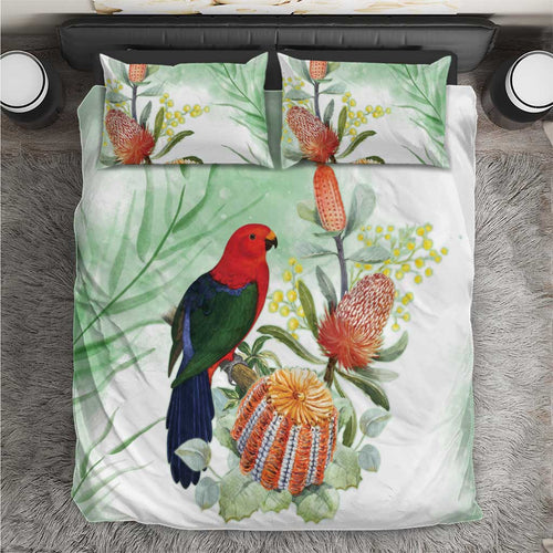 King Parrot Australia Bedding Set Alisterus Scapularis Banksia Watercolor - Aussie Hoodie