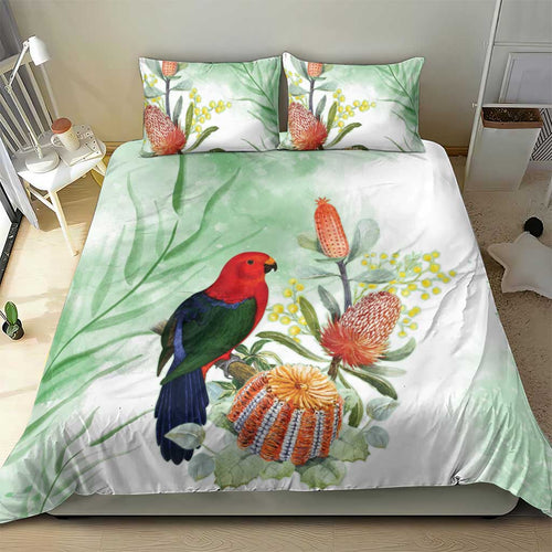 King Parrot Australia Bedding Set Alisterus Scapularis Banksia Watercolor - Aussie Hoodie