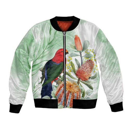 King Parrot Australia Bomber Jacket Alisterus Scapularis Banksia Watercolor - Aussie Hoodie