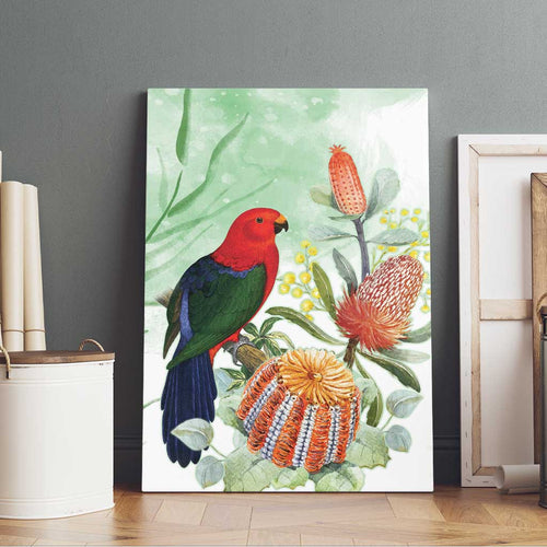 King Parrot Australia Canvas Wall Art Alisterus Scapularis Banksia Watercolor - Aussie Hoodie