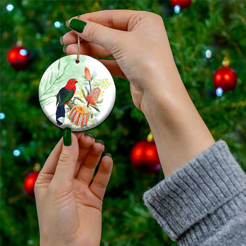 King Parrot Australia Ceramic Ornament Alisterus Scapularis Banksia Watercolor - Aussie Hoodie