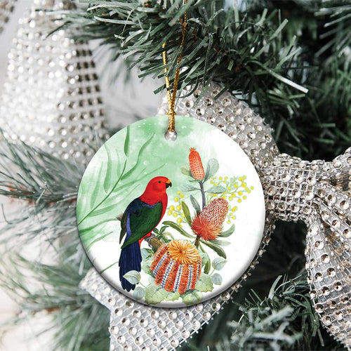 King Parrot Australia Ceramic Ornament Alisterus Scapularis Banksia Watercolor - Aussie Hoodie