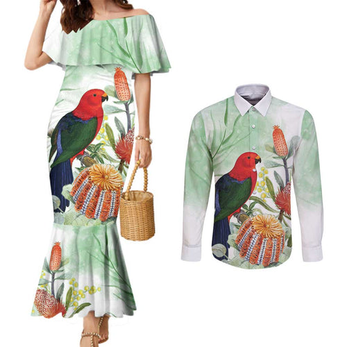 King Parrot Australia Couples Matching Mermaid Dress and Long Sleeve Button Shirt Alisterus Scapularis Banksia Watercolor - Aussie Hoodie