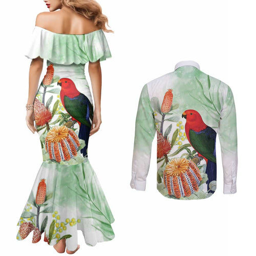 King Parrot Australia Couples Matching Mermaid Dress and Long Sleeve Button Shirt Alisterus Scapularis Banksia Watercolor - Aussie Hoodie