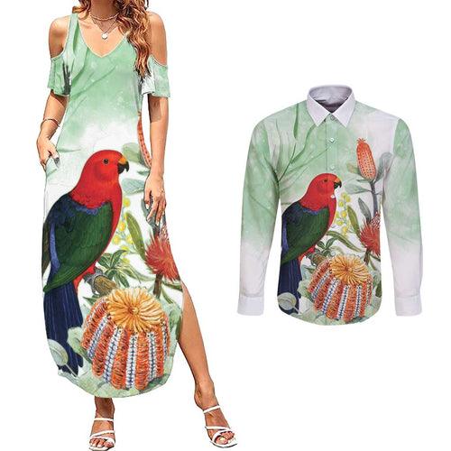 King Parrot Australia Couples Matching Summer Maxi Dress and Long Sleeve Button Shirt Alisterus Scapularis Banksia Watercolor - Aussie Hoodie