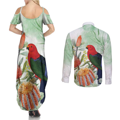 King Parrot Australia Couples Matching Summer Maxi Dress and Long Sleeve Button Shirt Alisterus Scapularis Banksia Watercolor - Aussie Hoodie