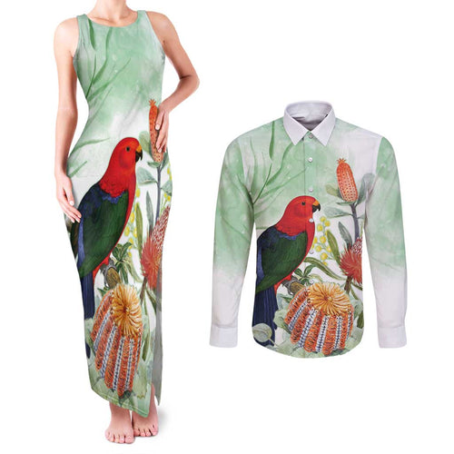 King Parrot Australia Couples Matching Tank Maxi Dress and Long Sleeve Button Shirt Alisterus Scapularis Banksia Watercolor - Aussie Hoodie