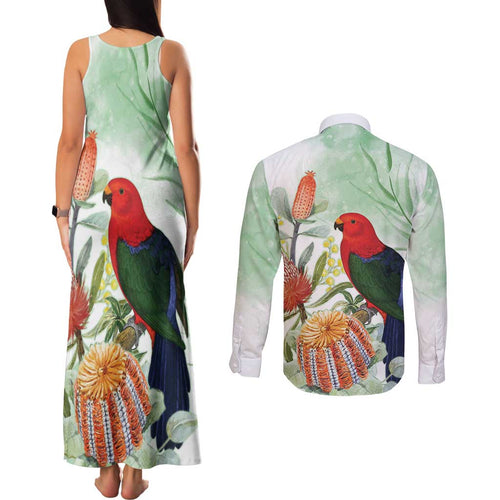 King Parrot Australia Couples Matching Tank Maxi Dress and Long Sleeve Button Shirt Alisterus Scapularis Banksia Watercolor - Aussie Hoodie