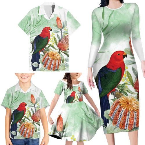 King Parrot Australia Family Matching Long Sleeve Bodycon Dress and Hawaiian Shirt Alisterus Scapularis Banksia Watercolor - Aussie Hoodie