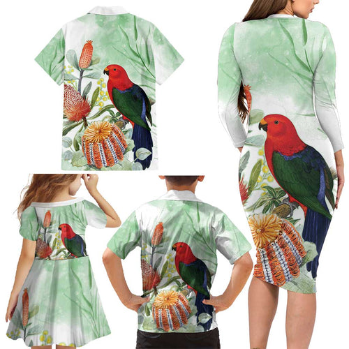 King Parrot Australia Family Matching Long Sleeve Bodycon Dress and Hawaiian Shirt Alisterus Scapularis Banksia Watercolor - Aussie Hoodie