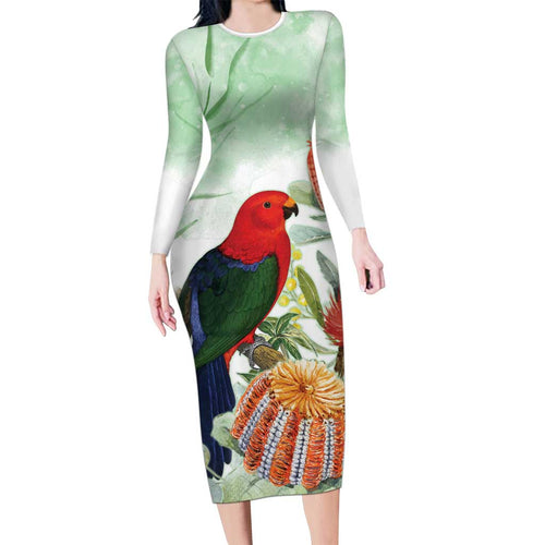 King Parrot Australia Family Matching Long Sleeve Bodycon Dress and Hawaiian Shirt Alisterus Scapularis Banksia Watercolor - Aussie Hoodie