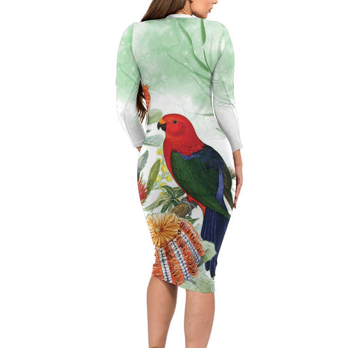 King Parrot Australia Family Matching Long Sleeve Bodycon Dress and Hawaiian Shirt Alisterus Scapularis Banksia Watercolor - Aussie Hoodie