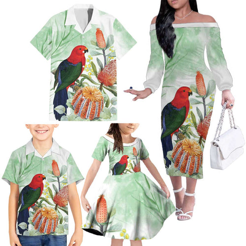 King Parrot Australia Family Matching Off The Shoulder Long Sleeve Dress and Hawaiian Shirt Alisterus Scapularis Banksia Watercolor - Aussie Hoodie