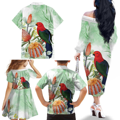 King Parrot Australia Family Matching Off The Shoulder Long Sleeve Dress and Hawaiian Shirt Alisterus Scapularis Banksia Watercolor - Aussie Hoodie