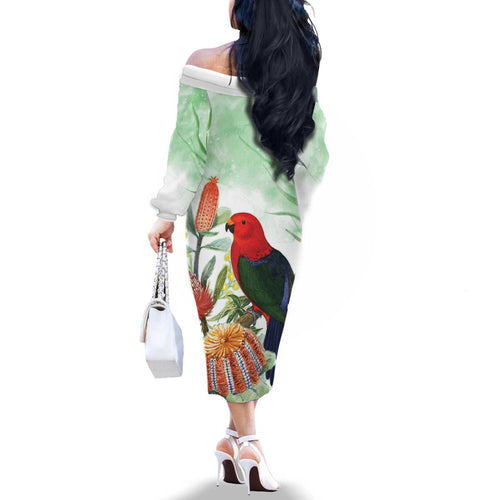 King Parrot Australia Family Matching Off The Shoulder Long Sleeve Dress and Hawaiian Shirt Alisterus Scapularis Banksia Watercolor - Aussie Hoodie