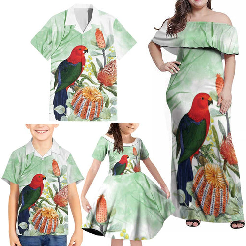 King Parrot Australia Family Matching Off Shoulder Maxi Dress and Hawaiian Shirt Alisterus Scapularis Banksia Watercolor - Aussie Hoodie