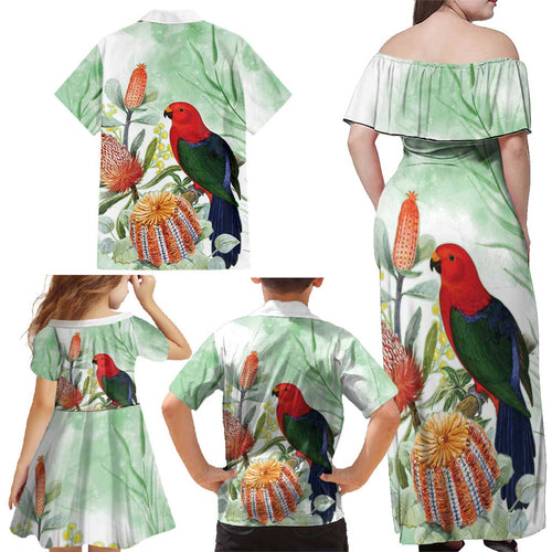 King Parrot Australia Family Matching Off Shoulder Maxi Dress and Hawaiian Shirt Alisterus Scapularis Banksia Watercolor - Aussie Hoodie
