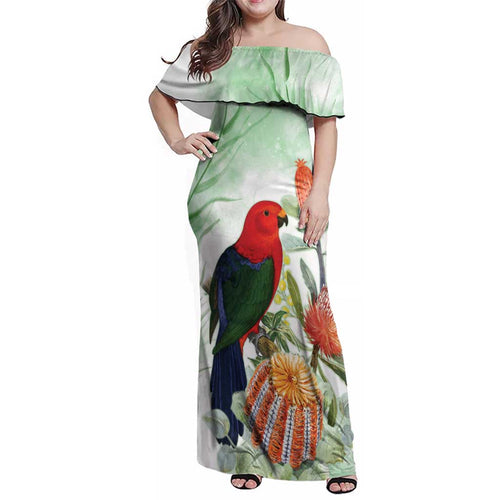 King Parrot Australia Family Matching Off Shoulder Maxi Dress and Hawaiian Shirt Alisterus Scapularis Banksia Watercolor - Aussie Hoodie