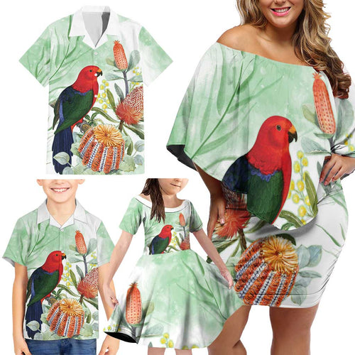 King Parrot Australia Family Matching Off Shoulder Short Dress and Hawaiian Shirt Alisterus Scapularis Banksia Watercolor - Aussie Hoodie