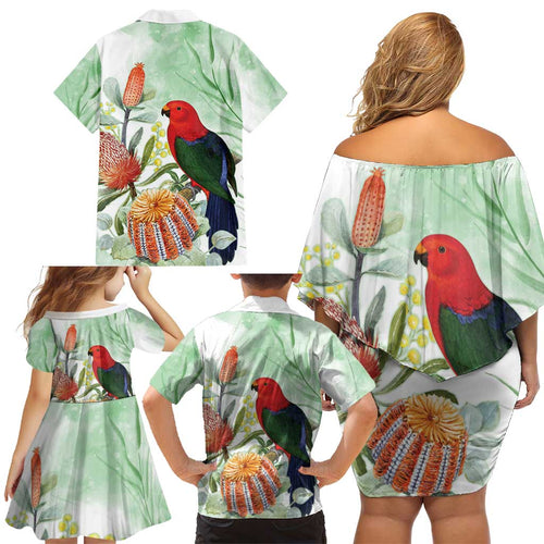 King Parrot Australia Family Matching Off Shoulder Short Dress and Hawaiian Shirt Alisterus Scapularis Banksia Watercolor - Aussie Hoodie