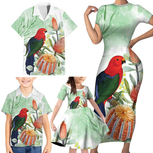 King Parrot Australia Family Matching Short Sleeve Bodycon Dress and Hawaiian Shirt Alisterus Scapularis Banksia Watercolor - Aussie Hoodie
