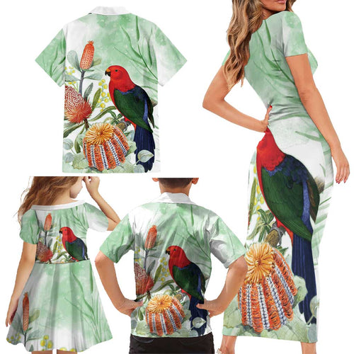 King Parrot Australia Family Matching Short Sleeve Bodycon Dress and Hawaiian Shirt Alisterus Scapularis Banksia Watercolor - Aussie Hoodie