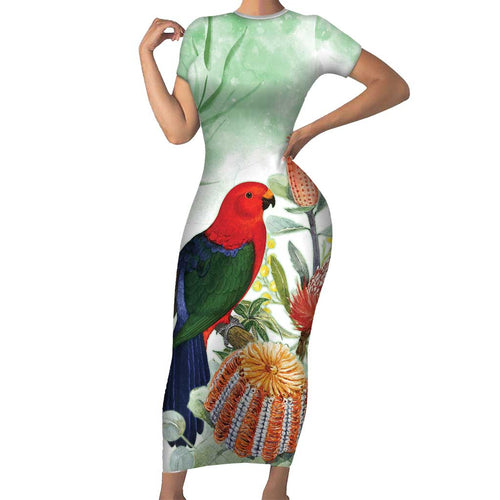 King Parrot Australia Family Matching Short Sleeve Bodycon Dress and Hawaiian Shirt Alisterus Scapularis Banksia Watercolor - Aussie Hoodie