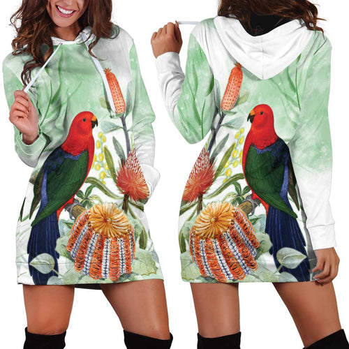 King Parrot Australia Hoodie Dress Alisterus Scapularis Banksia Watercolor - Aussie Hoodie