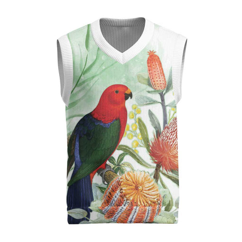 King Parrot Australia Christmas Knitted V-Neck Vest Alisterus Scapularis Banksia Watercolor - Aussie Hoodie
