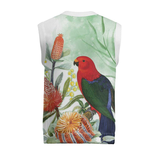 King Parrot Australia Christmas Knitted V-Neck Vest Alisterus Scapularis Banksia Watercolor - Aussie Hoodie
