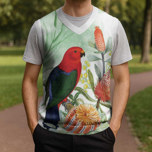 King Parrot Australia Christmas Knitted V-Neck Vest Alisterus Scapularis Banksia Watercolor - Aussie Hoodie