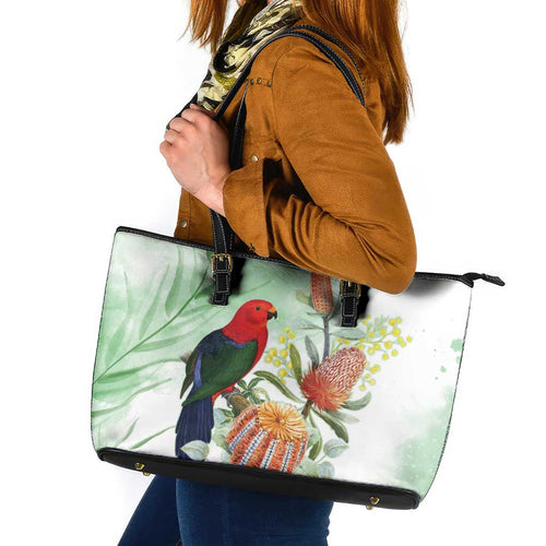 King Parrot Australia Leather Tote Bag Alisterus Scapularis Banksia Watercolor - Aussie Hoodie