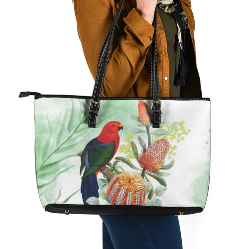 King Parrot Australia Leather Tote Bag Alisterus Scapularis Banksia Watercolor - Aussie Hoodie