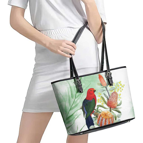 King Parrot Australia Leather Tote Bag Alisterus Scapularis Banksia Watercolor - Aussie Hoodie