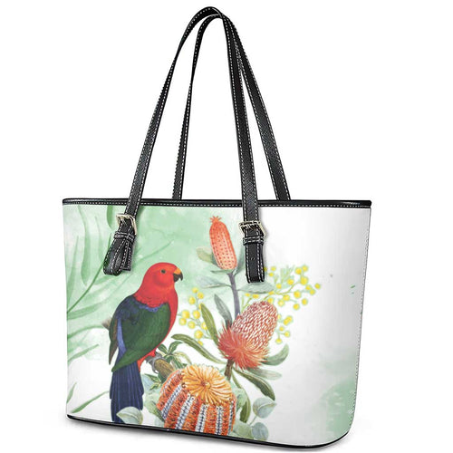 King Parrot Australia Leather Tote Bag Alisterus Scapularis Banksia Watercolor - Aussie Hoodie