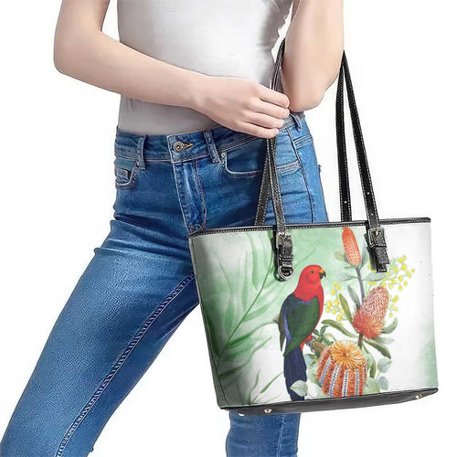 King Parrot Australia Leather Tote Bag Alisterus Scapularis Banksia Watercolor - Aussie Hoodie